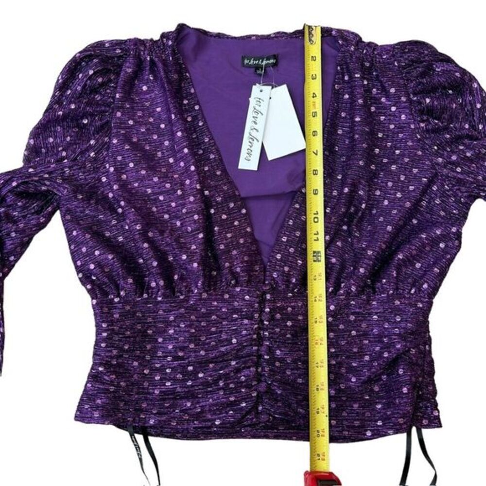 For Love & Lemons Womens L Purple La Vilette Metallic Puff Sleeve Top Plunge New - Picture 8 of 10